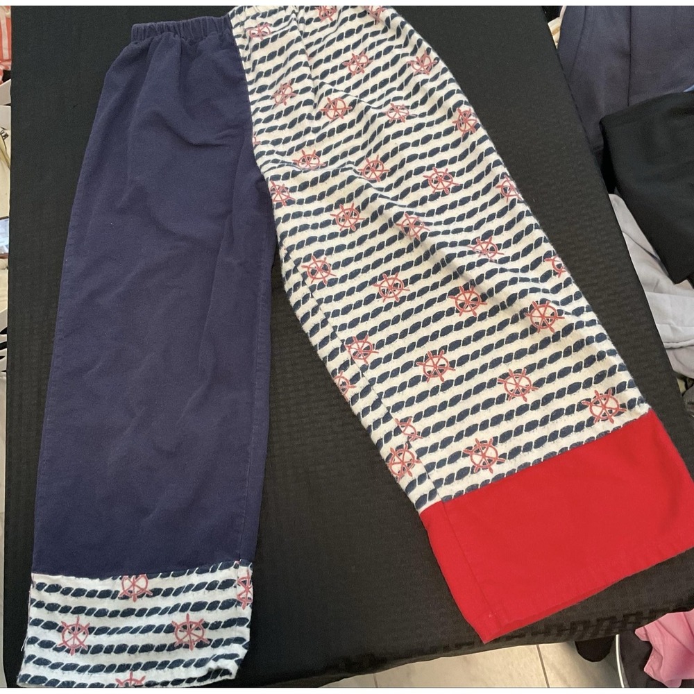 Handmade Lounge Pants Women's Medium Blue Nautical Fleece Cropped Striped Cozy